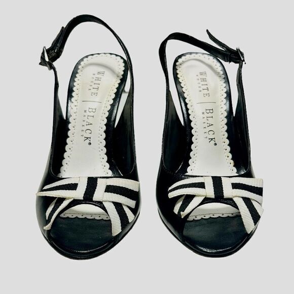 White House Black Market Shiny Black Slingback Heels White Bow Peep Toe Leather - Picture 2 of 9